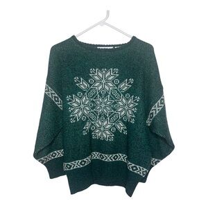 Vintage Shetland Wool Green & White Knit Sweater M
